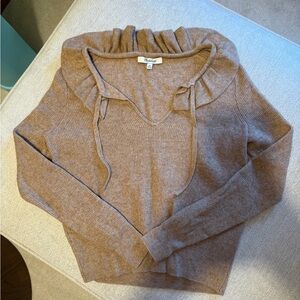 Madewell Tan V-Neck Sweater with Ruffle Detail